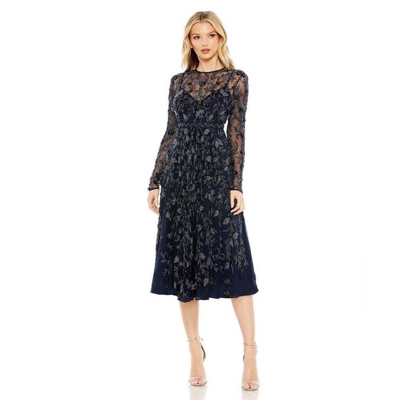 Mac Duggal Long sleeve embellished floral midi dress size 4 Navy style 10799 - Picture 1 of 9